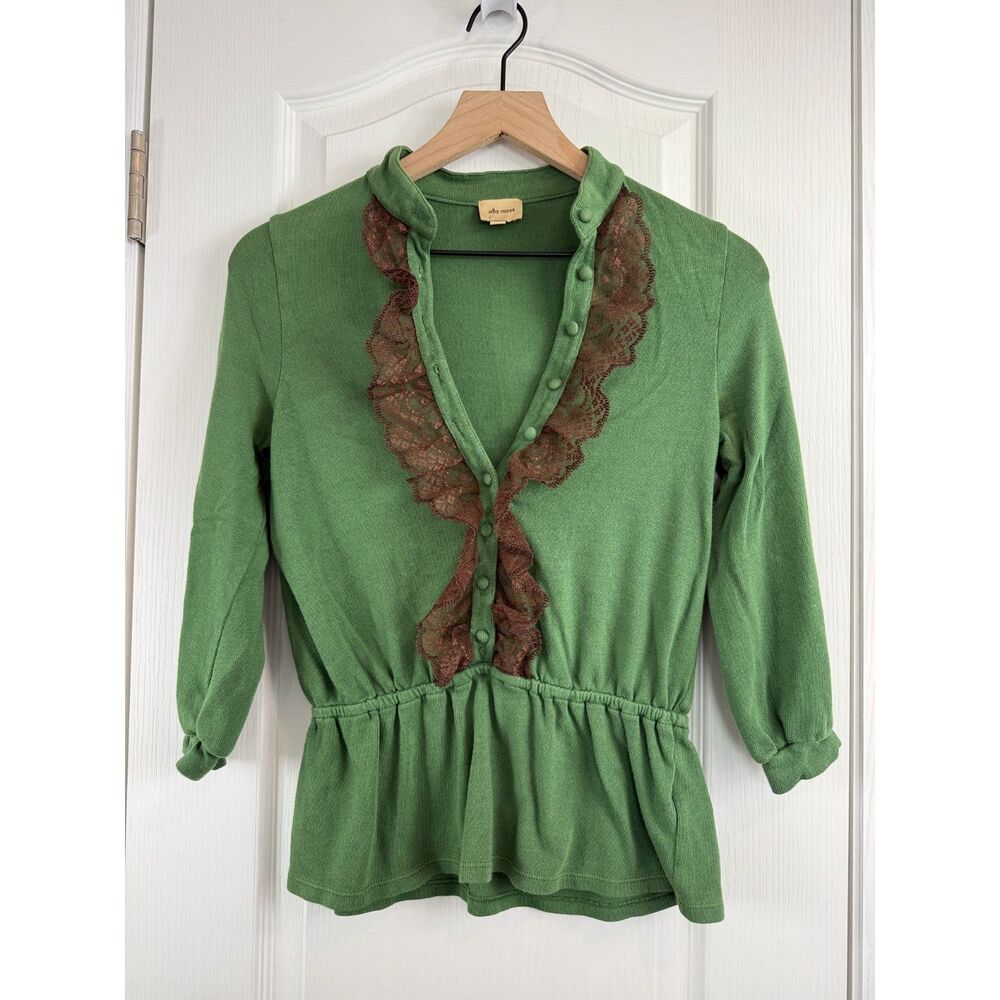 Anthropologie Ella Moss Green Elastic Gather Waist Brown Lace Trim Top Women's S